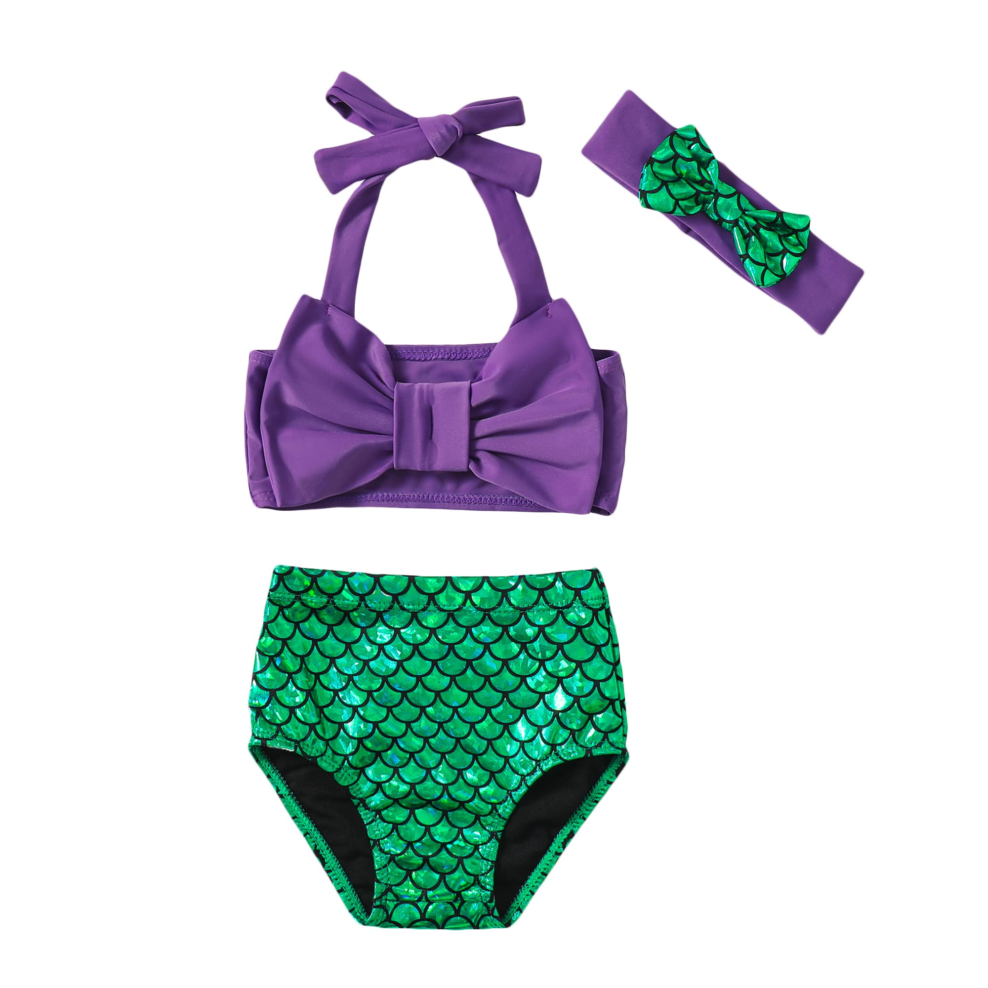 Photo 1 of LYSMuch Baby Girls Bathing Suit Toddler Mermaid Bikini Swimsuit with Headband 3-Pieces Beach Wear (3-6 Months, Violet and Green)