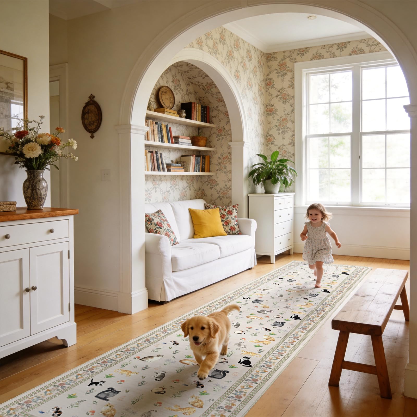 2x12 Washable Hallway Runner Rug - Soft Low Pile Floral Animal Cat Print Rugs with Non-Slip Backing Waterproof Stain-Resistant Indoor Carpet for Kitchen Entryway Bathroom Bedroom (Light Beige) Image