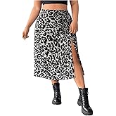 WDIRARA Women's Plus Size Leopard Print Skirt High Waist Split Hem A Line Midi Skirt