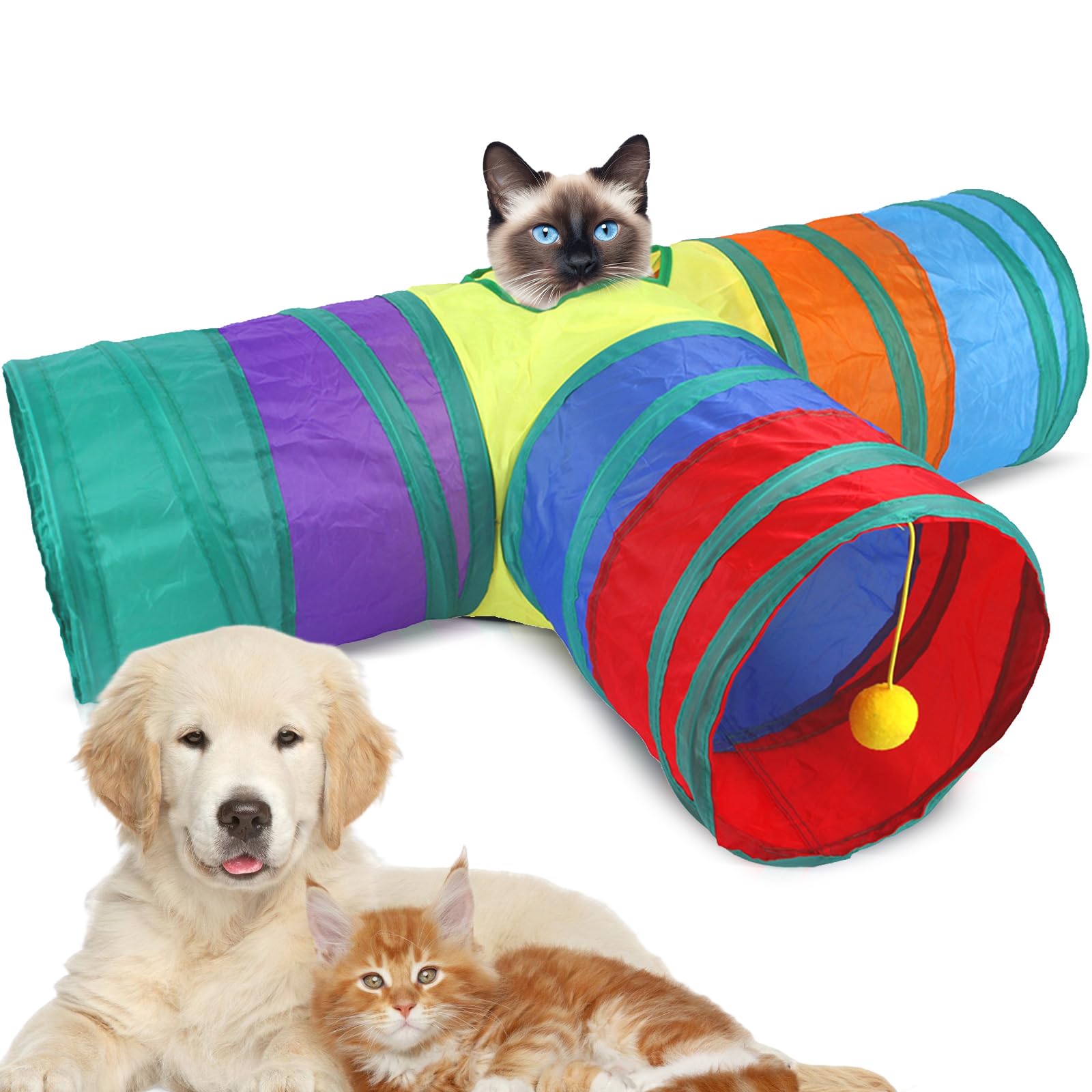 Guinea Pig Tunnel, Rabbit Cat Tunnels Collapsible 3 Way Bunny Tunnels Tube Hideout Small Animal Activity Hides for Indoor and Outdoor (Rainbow)