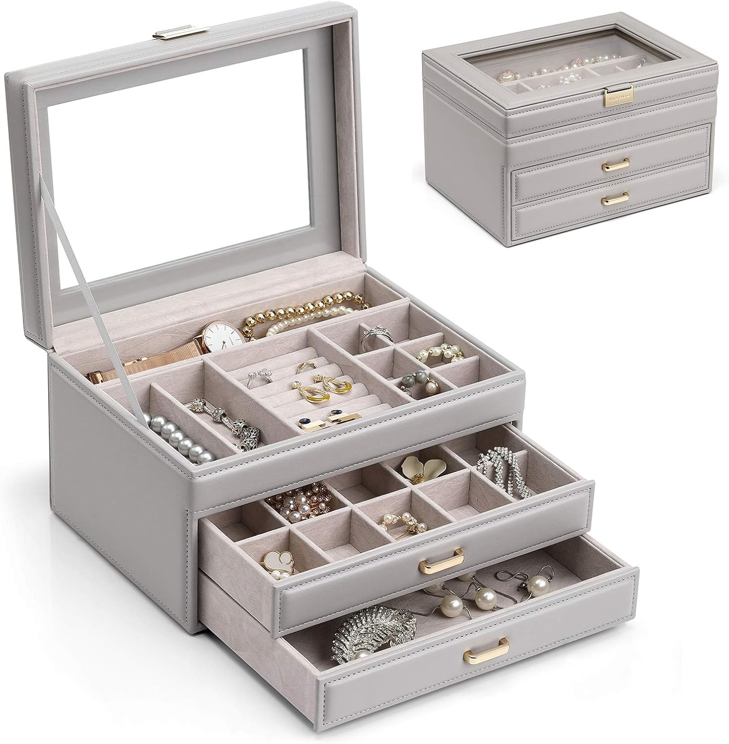 Vlando Jewelry Box Large-Capacity Jewelry Storage Box,Clead Jewelry Storage Box, Girl/Woman Earrings, Necklace, Bracelet (Grey, Clear lid): Home & Kitchen