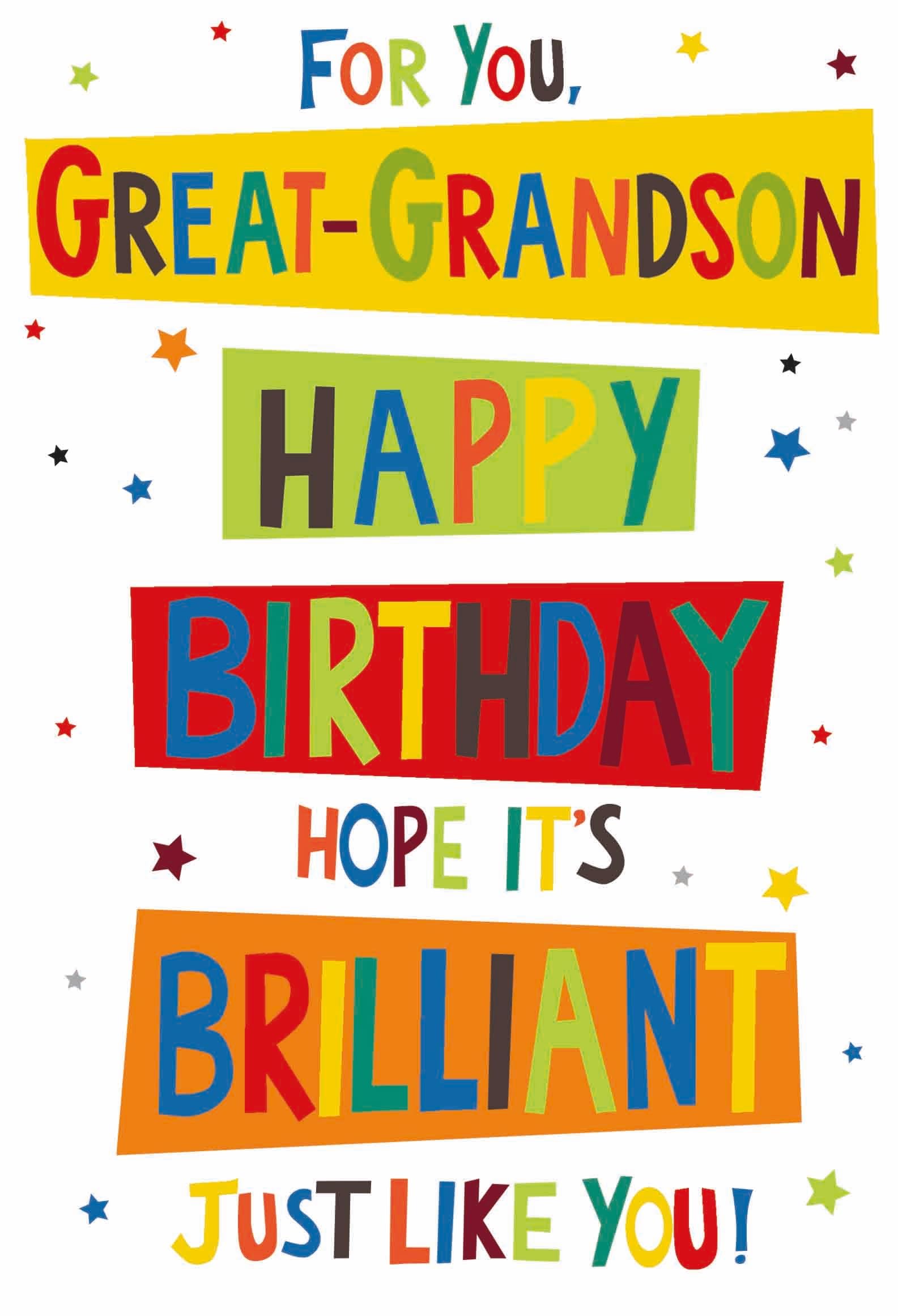 Great Grandson Birthday Card - Bright Multicoloured Writing and Stars 7.75x5.25