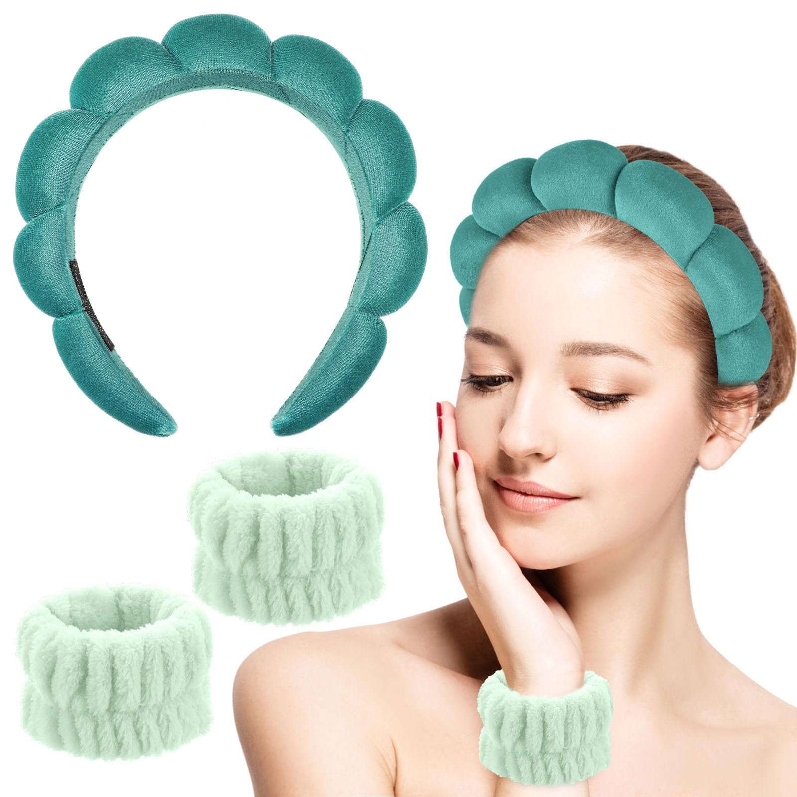 Sibba Sponge Headband Wristband Sets for Washing Face, Makeup Headbands for Women Girls, Skincare Makeup Removal Wash Spa Yoga Sports Shower Head Band Terry Towel Cloth Hair Band (Green)