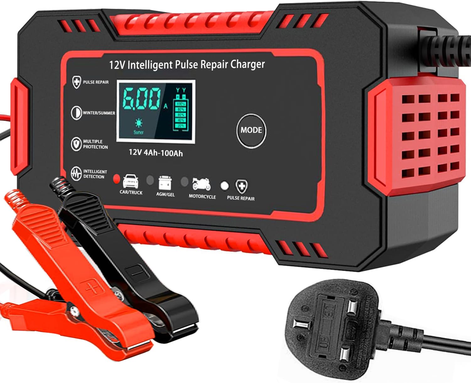 12V/6Amp Car Battery Charger, Smart Fully Automatic Battery Charger with Temperature Compensation for Most Types of Lead Acid Batteries, Red, AC Connection Required