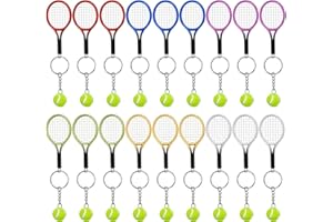 AUHOKY 18Pcs Mini Tennis Racket Keychain Key Ring, Fashionable Alloy Tennis Ball Split Ring, Sport Style Split Keychain for Sport Lovers Team - Exquisite & Lightweight(6 Colors)