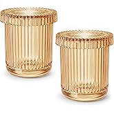 MKOSAB Bathroom Organizers and Storage,2 Pack Glass Qtip Holder Dispenser,Bathroom Essentials Accessories Decor,Vanity Makeup Storage Organizer for Cotton Swabs,Cotton Balls,Pads,Floss Picks (Amber)