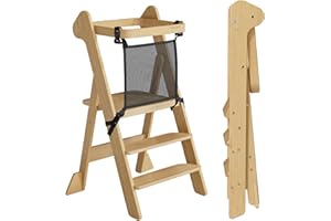 COSYLAND Foldable Wooden Toddler Kitchen Stool, 2-Level Adjustable Standing Tower with Anti-tip Feet, iF Award-Winning Portab