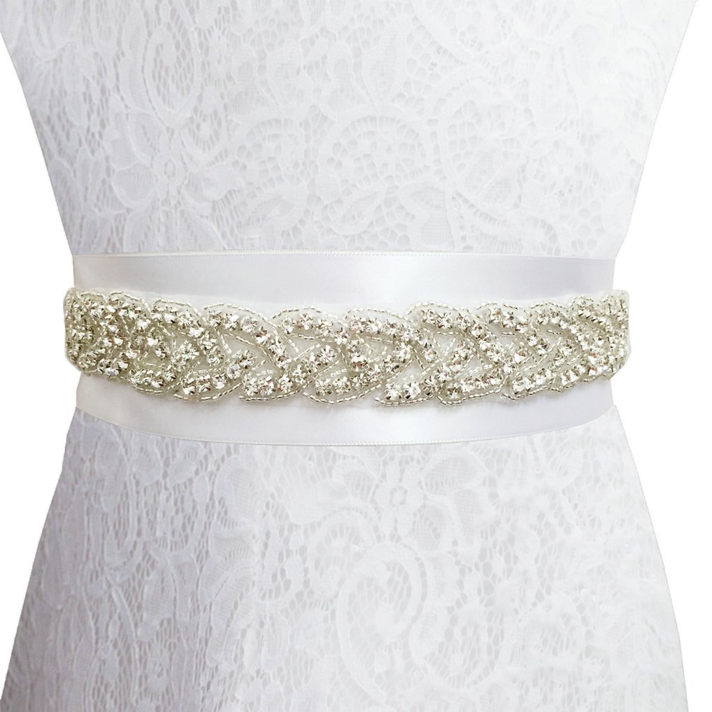 IYOU Perlen Hochzeitsgürtel Mit Strass | Brautgürtel Mit Satinband | 106cm Länge