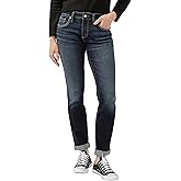 Silver Jeans Co. Women's Boyfriend Mid Rise Slim Leg Jeans, Mid Indigo, 25W x 29L