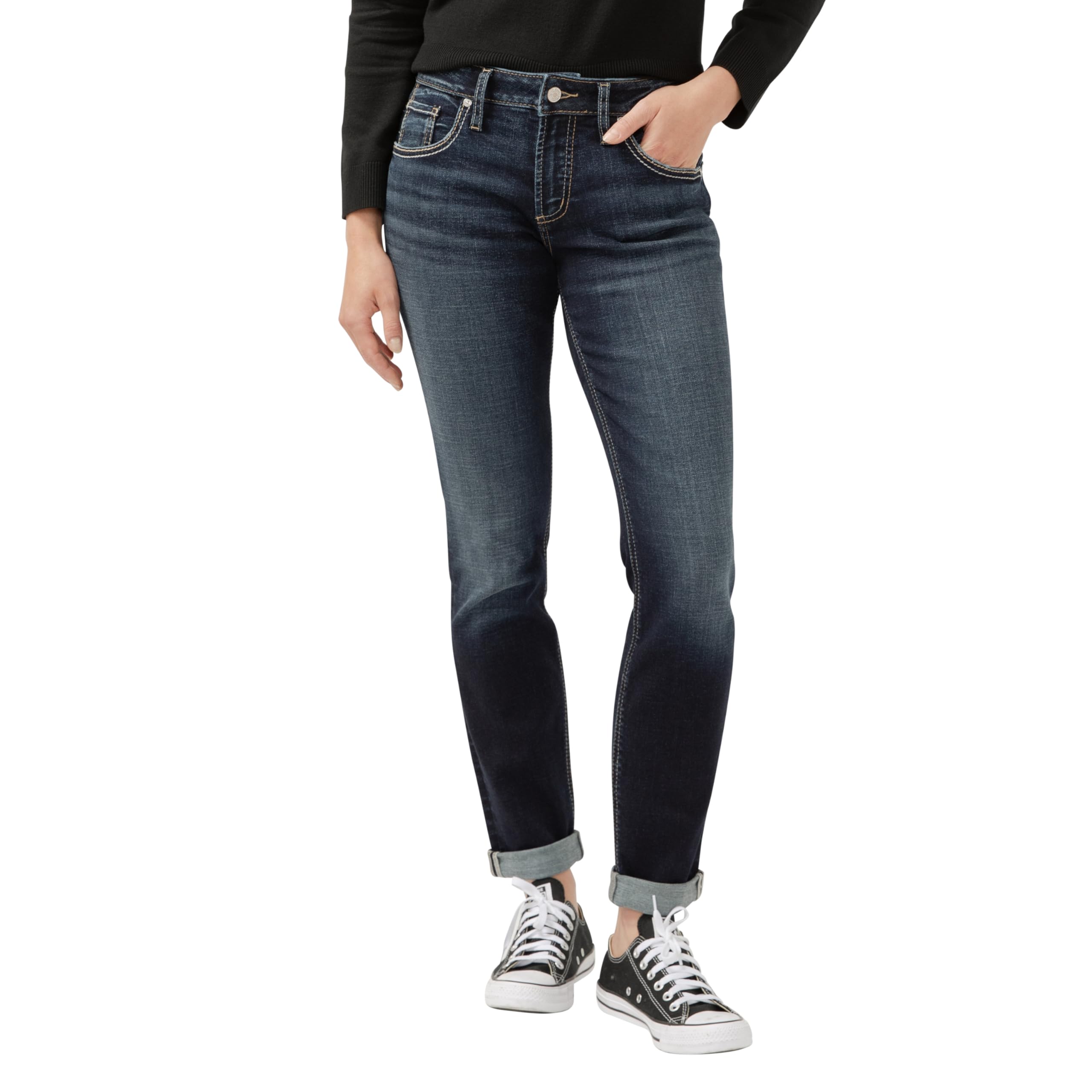Silver Jeans Co. Women’s Boyfriend Rise Slim Leg Jeans, Mid Indigo