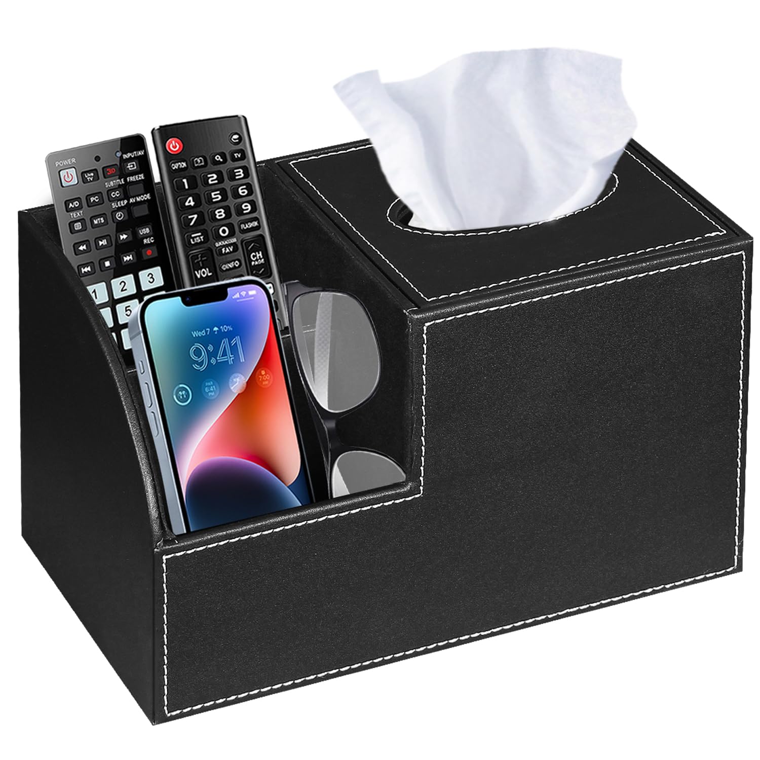PU Leather Square Tissue Box Cover - Multi-Functional Tissue Box Holder, Tissue Box Cover with Storage,Tissue and Remote Control Holder, Cube Tissue Box Organizer Bedroom Nightstand End Table
