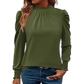 LUYAA Puff Long Sleeve Shirts for Women Tops Dressy Casual Frill Mock Neck Smocked Cuffs Blouses