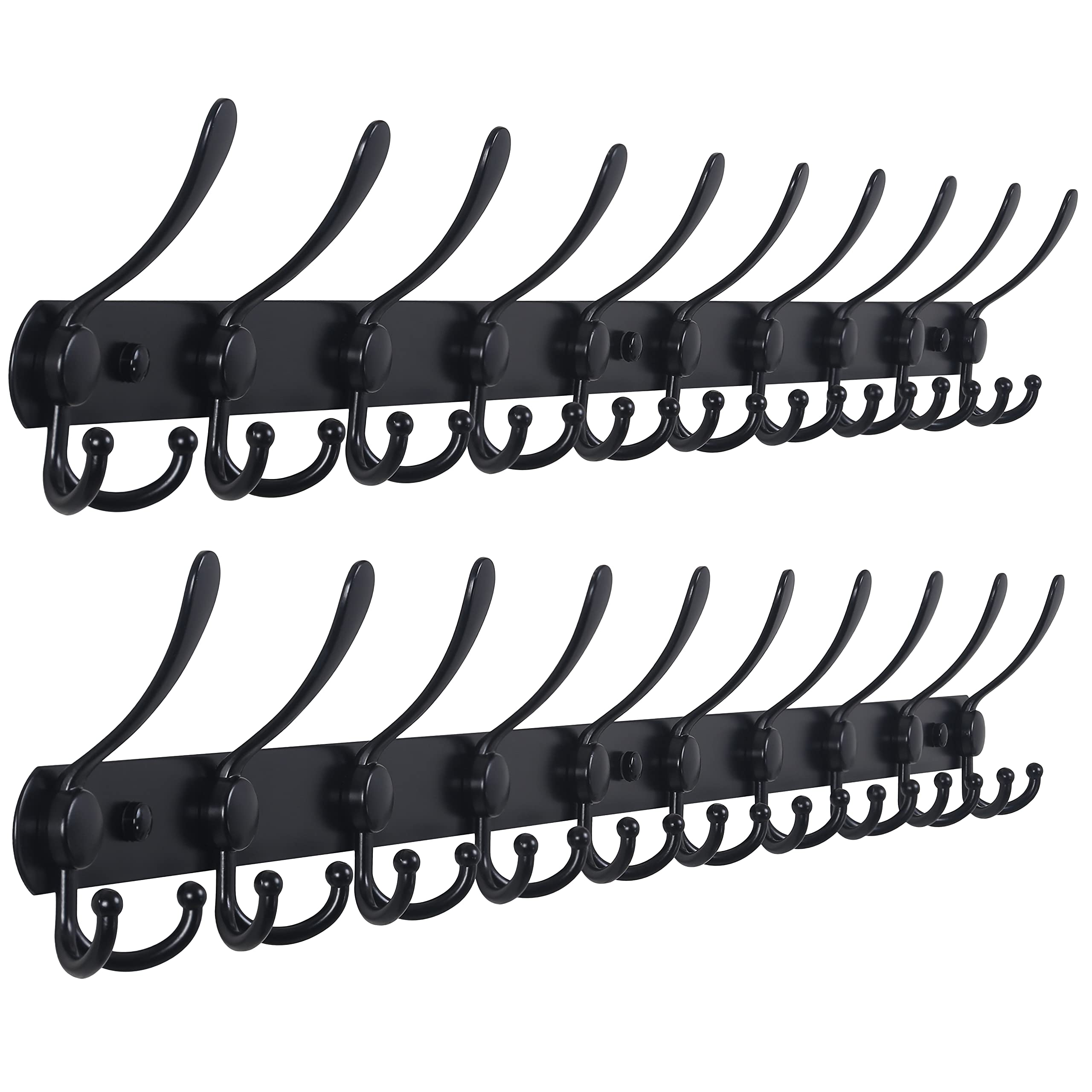 Dseap Wall Mounted Coat Rack - 96cm Long 10 Tri Hooks, Heavy Duty Stainless Steel Metal Coat Hanger Rail Wall Hooks for Coats Hats Clothing Clothes Purse Mudroom Entryway, Black, Pack of 2