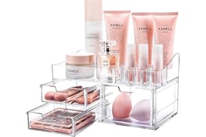 TNOIE Acrylic Makeup Organizer, Vanity Bathroom Cosmetic Storage with 3 Drawers for Brushes, Eyeshadow, Lotions, Lipstick, Nail Polish and Jewelry
