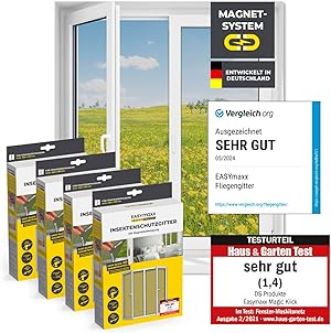 EASYmaxx Fliegengitter für Fenster mit Magic Click | Moskitonetz individuell zuschneidbar für alle Fenster bis 150 x 130 cm | Einfache Montage mit 12 Magneten - kein Bohren oder Schrauben [4 Stück]