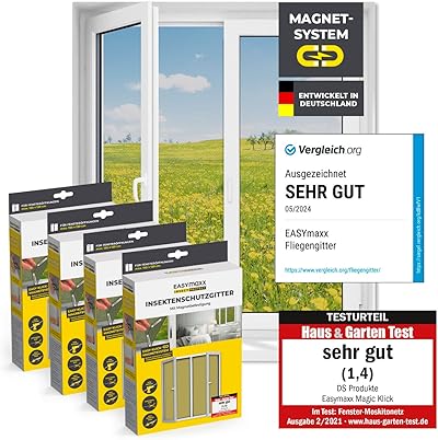 EASYmaxx Fliegengitter für Fenster mit Magic Click | Moskitonetz individuell zuschneidbar für alle Fenster bis 150 x 130 cm | Einfache Montage mit 12 Magneten - kein Bohren oder Schrauben [4 Stück]