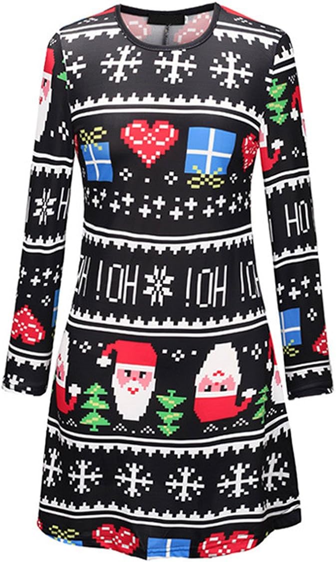 A⁺Style Womens Festive Printed Christmas Mini Dress Soft O Neck Long