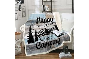 Erosebridal Happy Camping Fleece Blanket Rustic Farmhouse Style 50''x60'' for Boys Kids Teens Camper Throw Black Sketch Drawi
