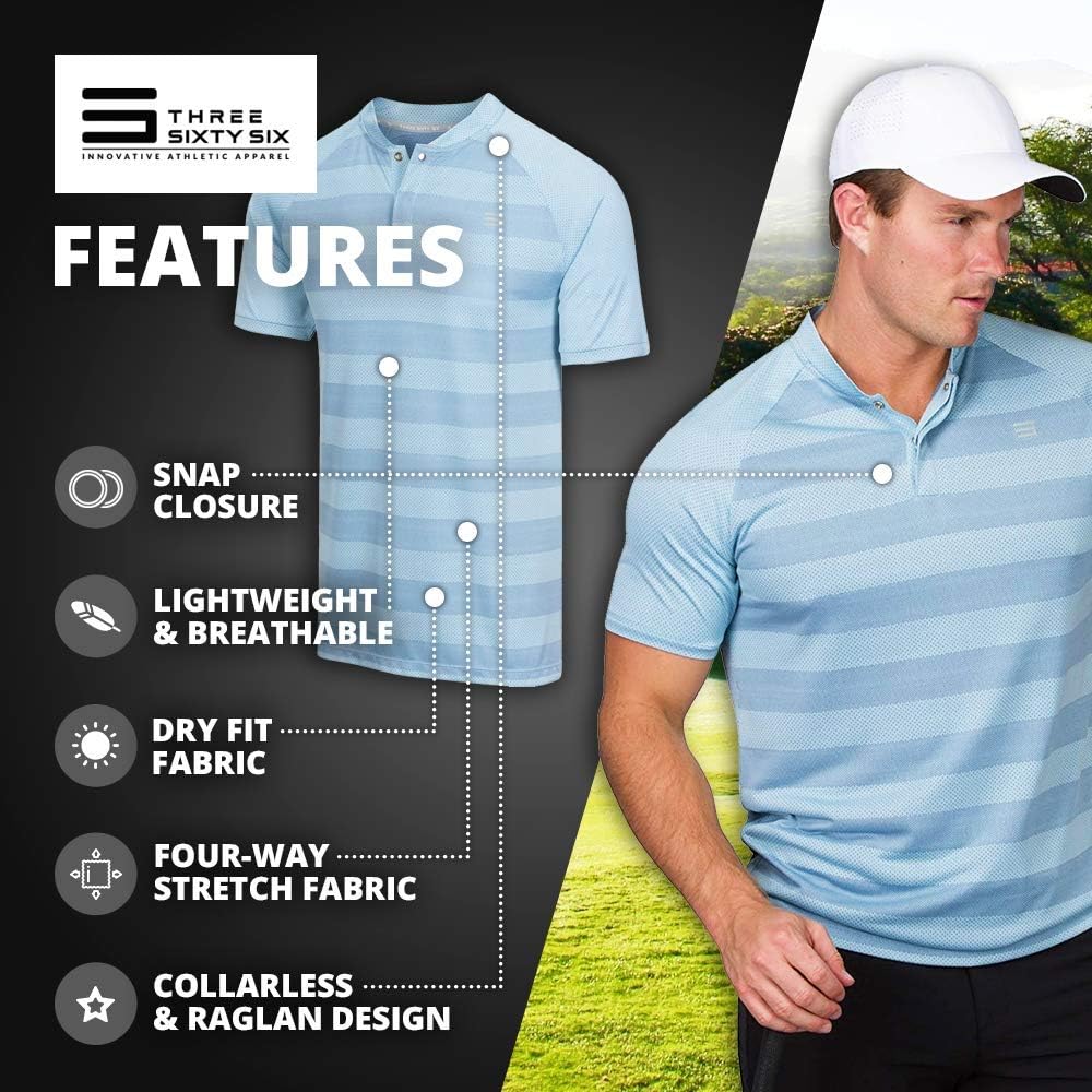 Three Sixty Six Golf Shirts for Men - Dry Fit Collarless Polo Shirts - Lightweight and Breathable, Stripe Design : Clothing