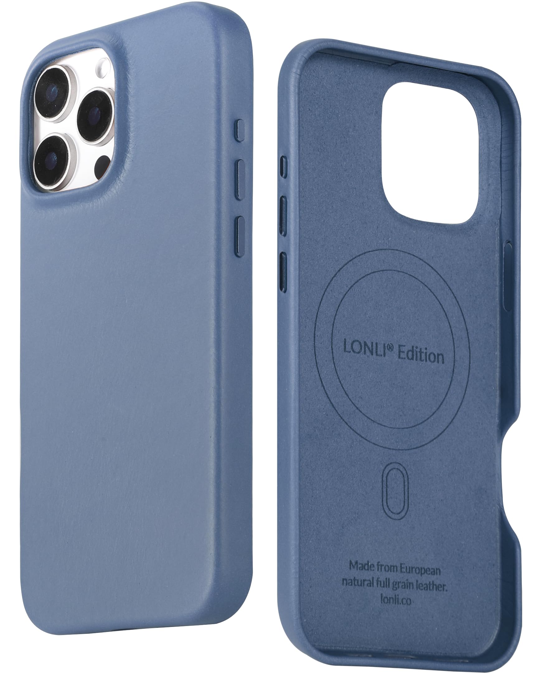 LONLI Edition - for iPhone 16 Pro Max - Premium European Full Grain Leather Phone Case - Develop Patina Over Time - [Compatible with Magsafe] - Azure Blue