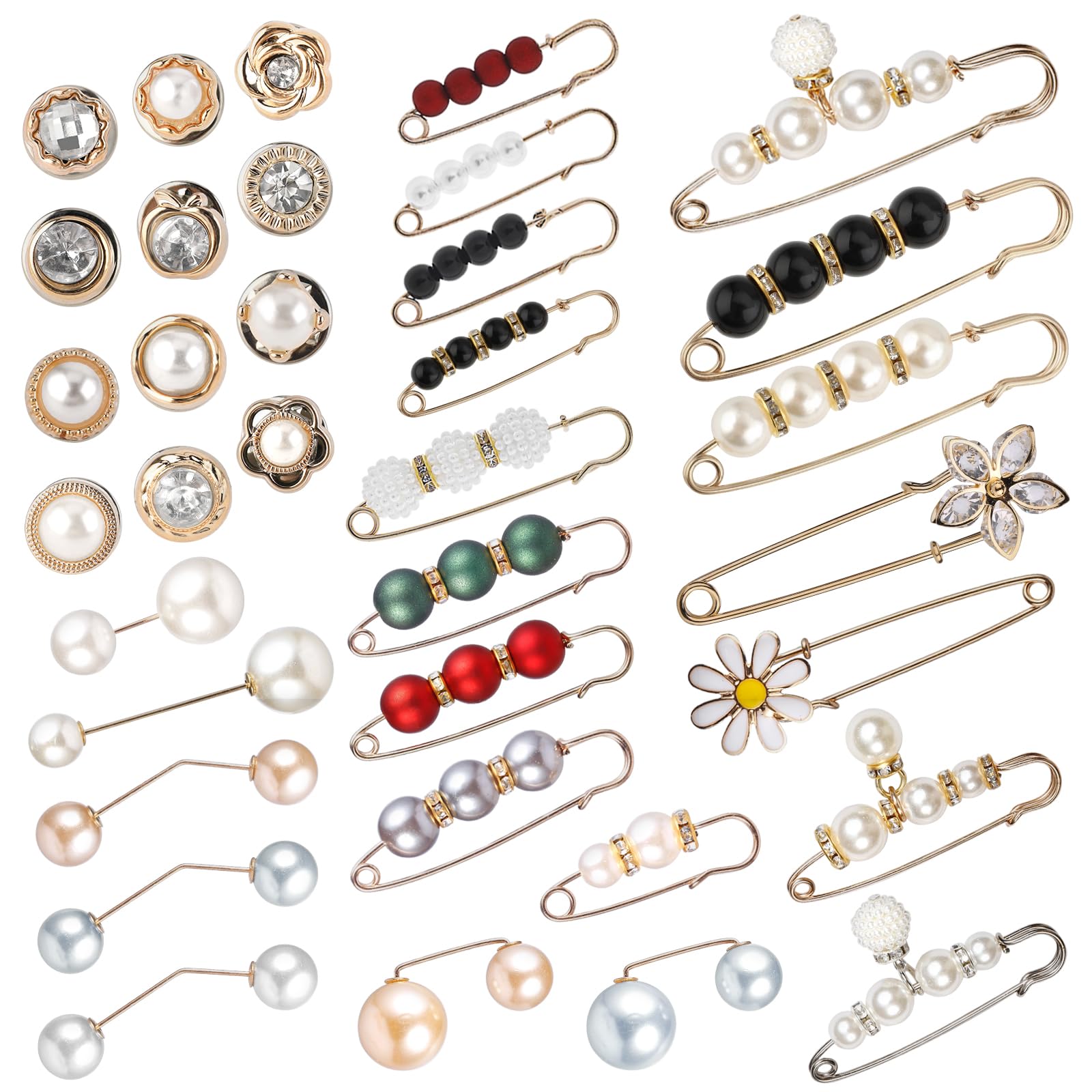 Amabro 35PCS Pearl Brooch Pins, Safety Pins for Women No Sewing Pant Waist Tightener Cover Up Buttons Sweater Shawl Hat Clip Neckline Pins Double Faux Pearl Brooches Waist Pants Extender