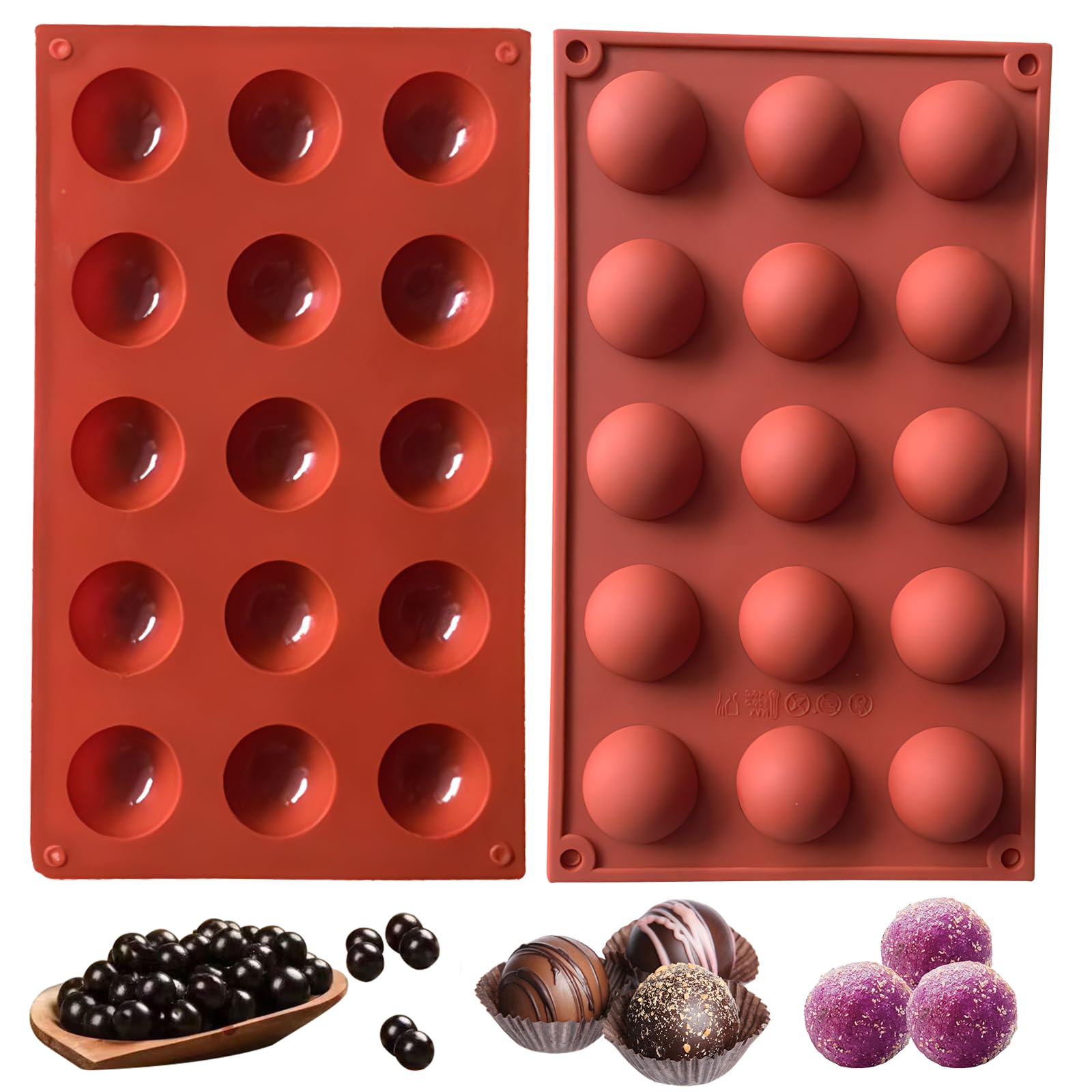 HPiano 2 Pcs Small 15 Cavity Hemisphere Dome Silicone Mould Baking Tool for Your Chocolate Desserts, Ice Cream Bombes, Mini Teacake, Fondant, Candy, Icing, Tray, Candy, Cookie, Gummy, Jello