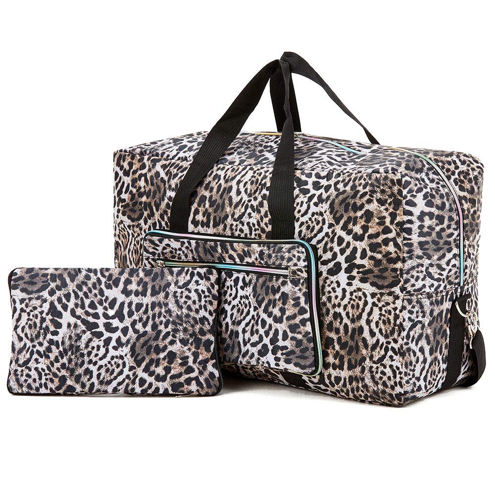 Arxus Large Foldable Duffel Tote Carry on Weekend Overnight Travel Bag Over Luggage with Shoulder Strap (Leopard Print)