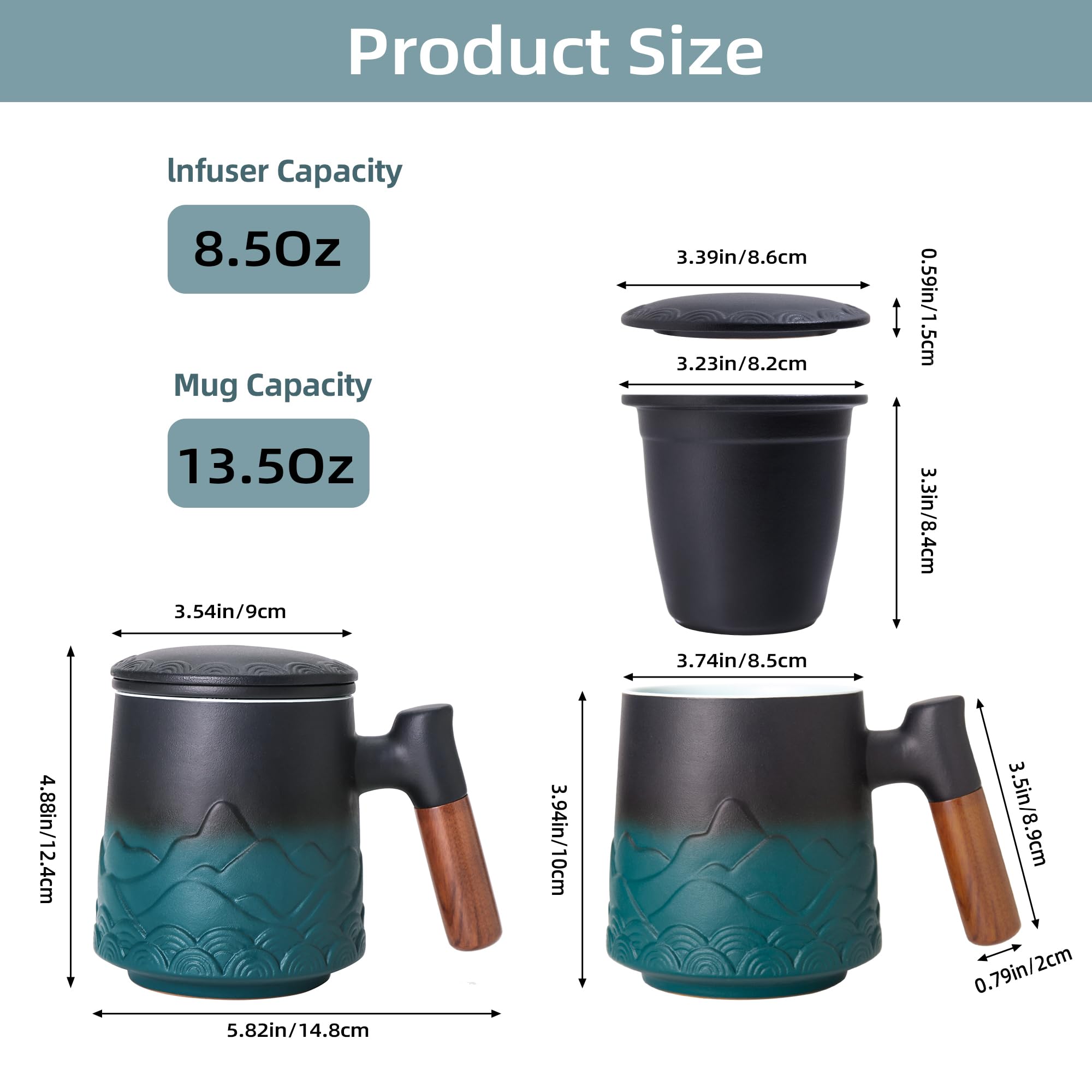 Zenoza Teetasse mit Deckel und Sieb, 500ml Große Keramik Teebecher, Teetassen Handgemacht, Geschenk für Teeliebhaber(Grün) 5