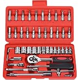 COYAGRIP 46PCS Socket Ratchet Wrench Set, 1/4 Inch Drive Small Tool Set with Screwdriver Bit Sockets Extension Bar and Storage Case, Metric Socket Set for Car Repair and Home Use