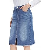 MINTLIMIT Women's Jean Skirt High Waist Front Slit 2025 Frayed Raw Hem Waistband on Back Casual Stretchy Midi Denim Skirts