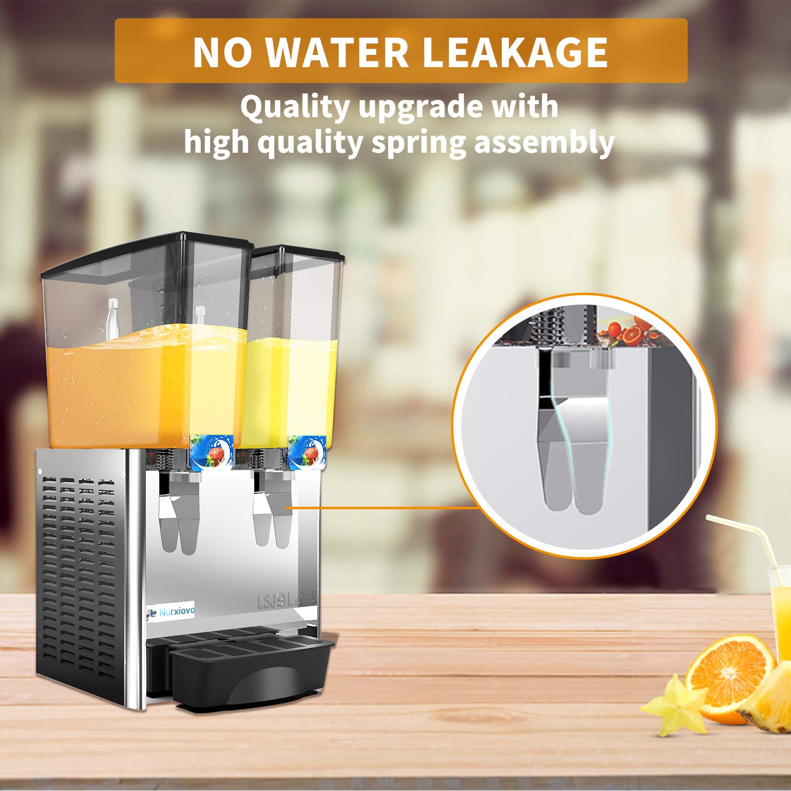Nurxiovo Commercial Juice Dispenser 2 Tanks 4.7 Gallon juice ice beverage Dispenser Equipped
