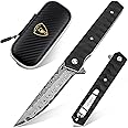 AUBEY Damascus Pocket Knife with Clip, Tanto Blade Damascus Steel Folding Knives for Men Tactical, Aluminum Handle with Glass Breaker for EDC Camping