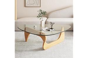 PRITIY Mid-Century Modern Coffee Table - Triangle Glass Top Natural Wood Base Triangle Coffee Table for Living Room Patio Office Abstract End Tables (Raw Wood/Transparent, Small 32.2 * 22.4 * 16in)