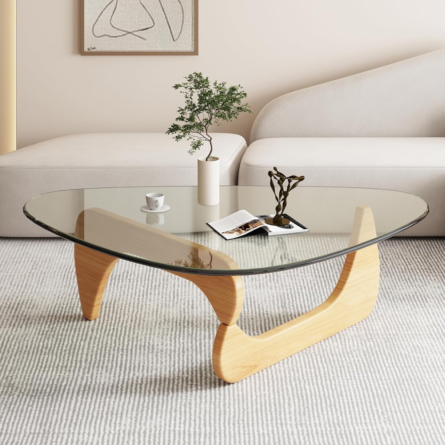 Photo 1 of ** only glass top ***Mid-Century Modern Coffee Table - Triangle Glass Top Natural Wood Base Triangle Coffee Table for Living Room Patio Office Abstract End Tables (Raw Wood/Transparent, Small 32.2 * 22.4 * 16in)