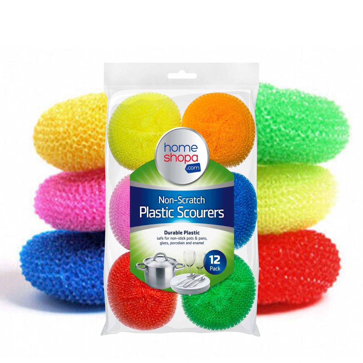 HOMESHOPA Non Scratch Plastic Mesh Scourers, 12 Pack Round Dish Pot Scrubber, Washing Up Reusable Sponge Scrub, Non Stick Scouring Ball Long Lasting Kitchen Dish Pads Stain Removing Cleaning Scrubber
