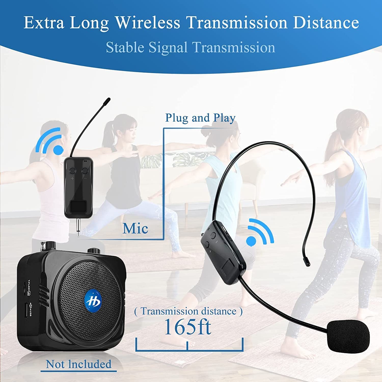 Wireless Microphone Headset, 2.4GHz, 165ft Range, Dual Micro USB Charging, Compatible with Voice Amplifier, Camera Recording, PA System