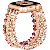 Fastgo Bracelet Band Beaded Compatible with Apple Watch 38mm 40mm 41mm 42mm 44mm 45mm 49mm Women, Fashion Elastic Stretch Strap Bands for Iwatch SE&Series 9 Ultra 8 7 6 5 4 3 2 1(Rose Gold/Brown, S/M)