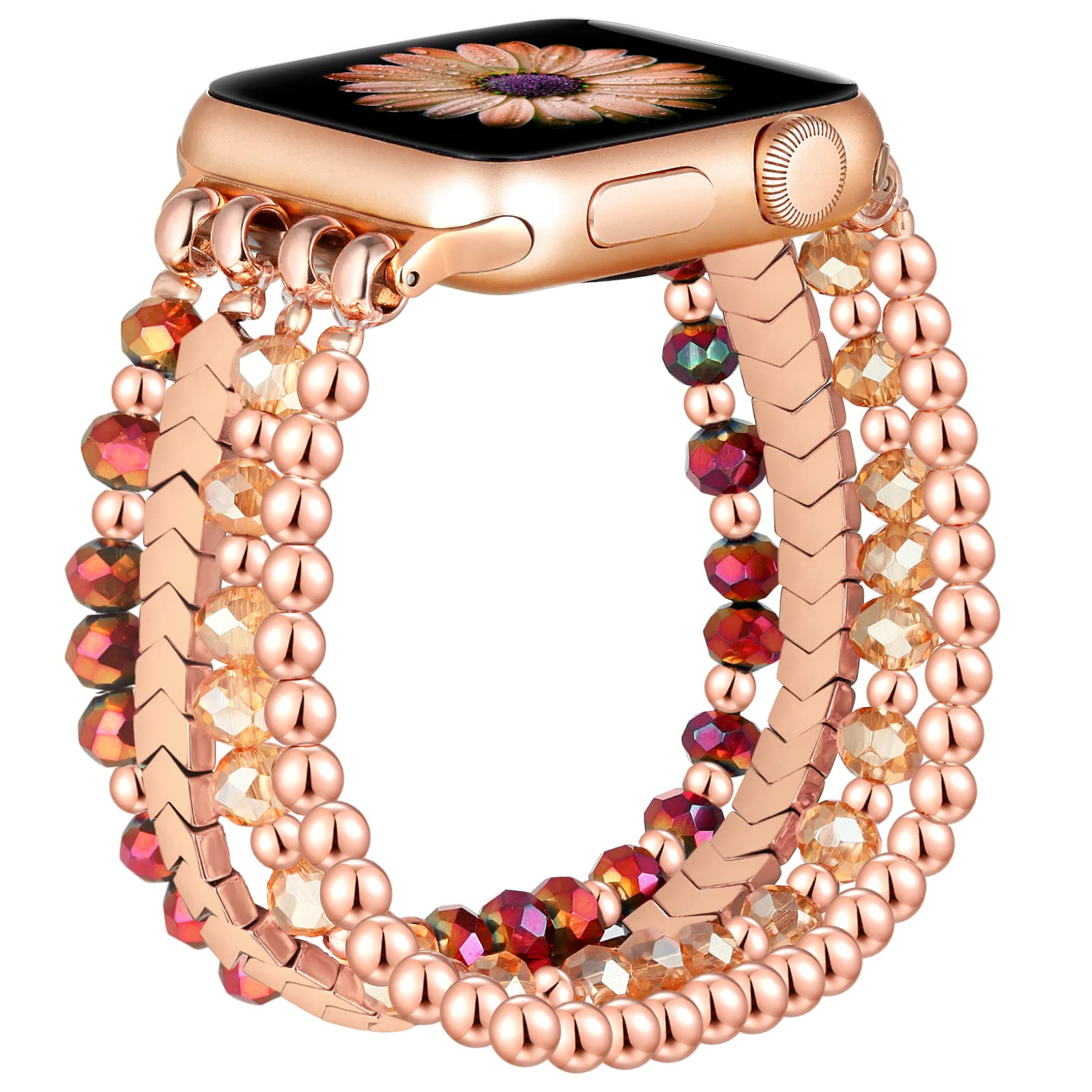 Photo 1 of Fastgo Bracelet Band Beaded Compatible with Apple Watch 38mm 40mm 41mm 42mm 44mm 45mm 49mm Women, Fashion Elastic Stretch Strap Bands for Iwatch SE&Series 9 Ultra 8 7 6 5 4 3 2 1(Rose Gold/Brown, S/M)
