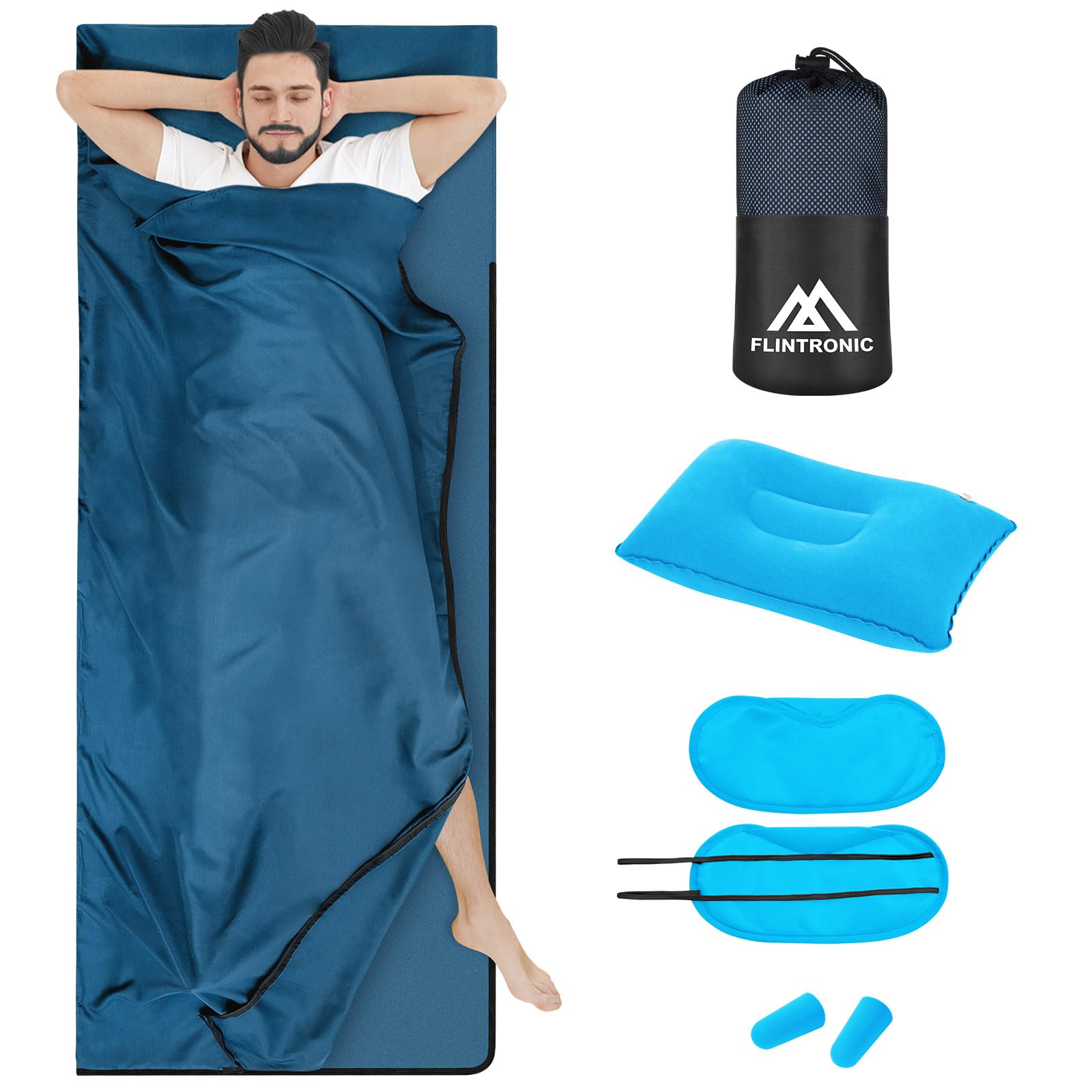 flintronic Sleeping Bag Liner 220 * 90 cm, Portable Camping Sleep Bag with Pillow Slot, Lightweight Travel Sleeping Bag for Camping Picnic Hiking Hostels-5PCS Blue