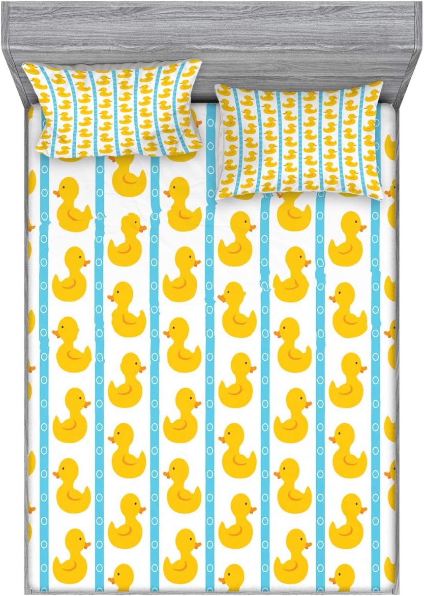 Ambesonne Rubber Duck Fitted Sheet & Pillow Sham Set, Duckies on Stripes and Small Circles Baby Nursery Play Toys Pattern Print, Decorative Printed 3 Piece Bedding Decor Set, Full, Yellow Blue