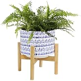 LA JOLIE MUSE Ceramic Planter with Wood Stand, 7.3 Inch Indoor Plant Pot | Retro Round Blue & White Decorative Planter Pot wi