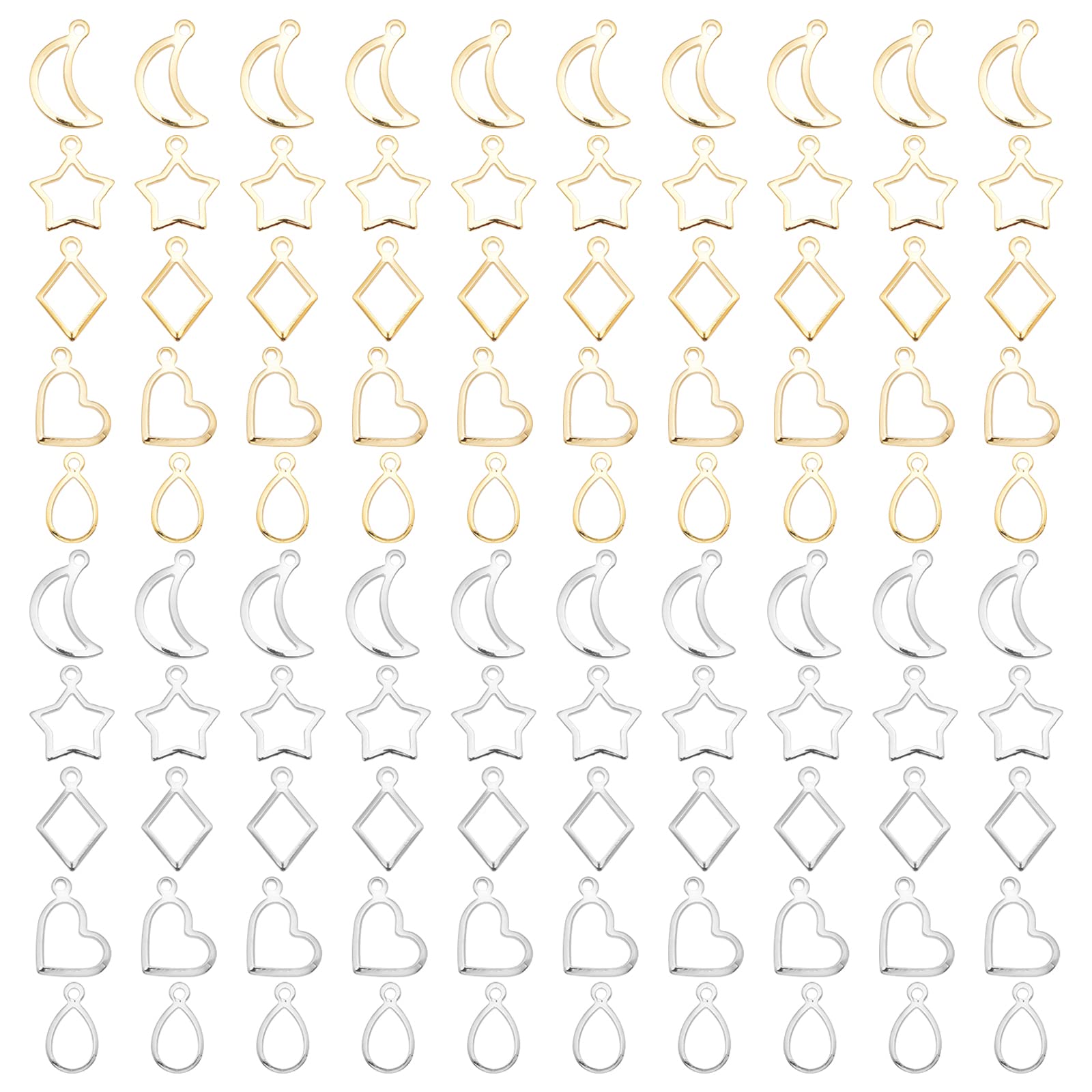 View 1 of PH PandaHall Hollow Frame Pendants, 100pcs 10 Styles 304 Stainless Steel Rhombus/Heart/Moon/Teardrop/Star Resin Craft Bezels Open Bezels for DIY UV Resin Casting Jewelry Making