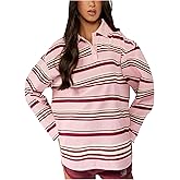 OYOANGLE Women's Oversized Striped Polo Sweatshirt Long Sleeve Rugby Collared Pullover Tops Loose Shirt