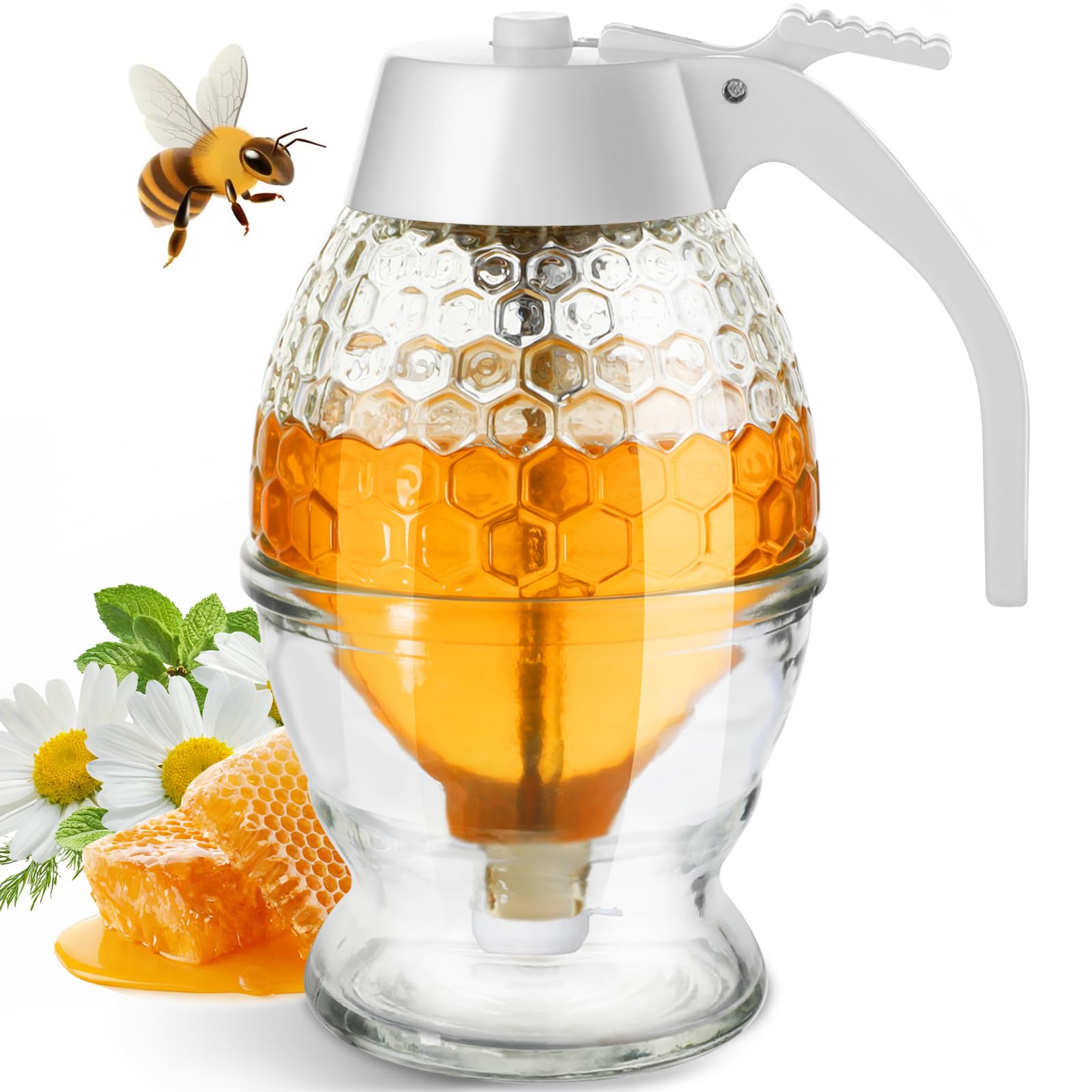 View 1 of ***MISSING BASE***Honey Dispenser, 8oz Honey Dispenser No Drip Glass with Stand, Honey Container & Coffee Syrup Dispenser for Tea Time & Gifting, Elegant Honeycomb Honey Jar - Honey Pot Bottle for Maple Syrup Bee