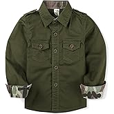 OCHENTA Boys Military Button Down Shirt, Cotton Long Sleeve Tactical Cargo Kids Scout Hiking Shirt