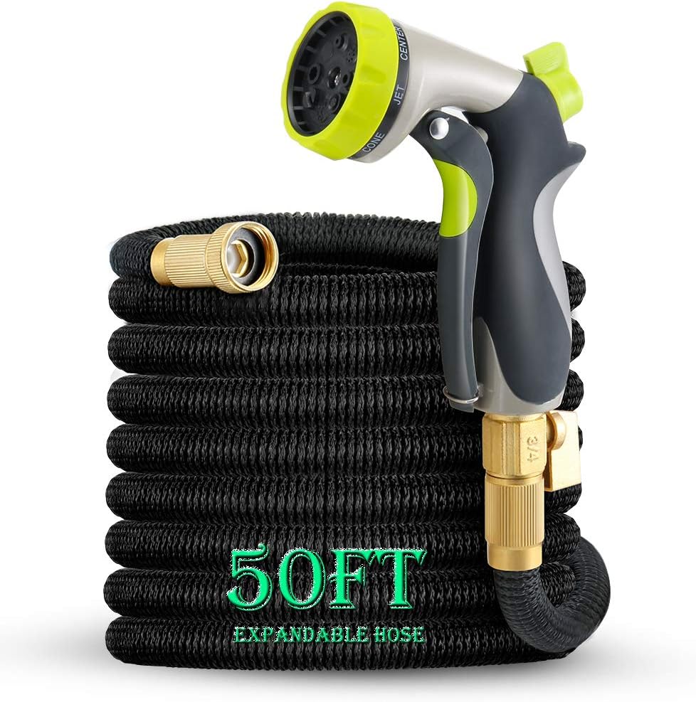 TOONOON 50ft Garden Hose, All New Expandable Water Hose Set with Double Latex Core,3/4 Solid Brass Fittings,Extra Strength Fabric,Flexible Expanding Hose with 8 Function Spray Nozzles,Free Carrying