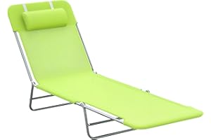 Outsunny Folding Chaise Lounge Pool Chairs, Outdoor Sun Tanning Chairs with Pillow, Reclining Back, Steel Frame & Breathable Mesh for Beach, Yard, Patio, Green