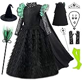 RuuYiicoco 11Pcs Witch Black Costume Dress for Girls Halloween Set with Hat Cape Boom