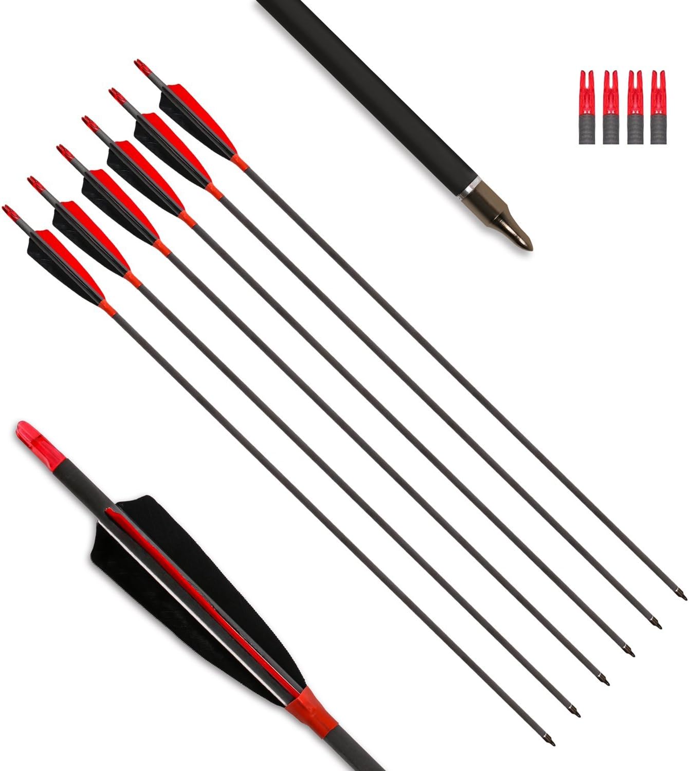 Archery Carbon Arrows 400 Spine with 4” Real Feather Fletching 100 Grain Points for Compound Recurve Longbow (12 Pack)