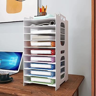 PUNCIA 10-Tier A4 Paper Tray Desk Organizer White Office Storage Rack